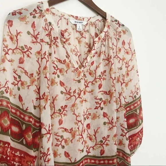 🍁 Old Navy | Floral Boho Sheer 3/4 Length Top - Picture 2 of 7